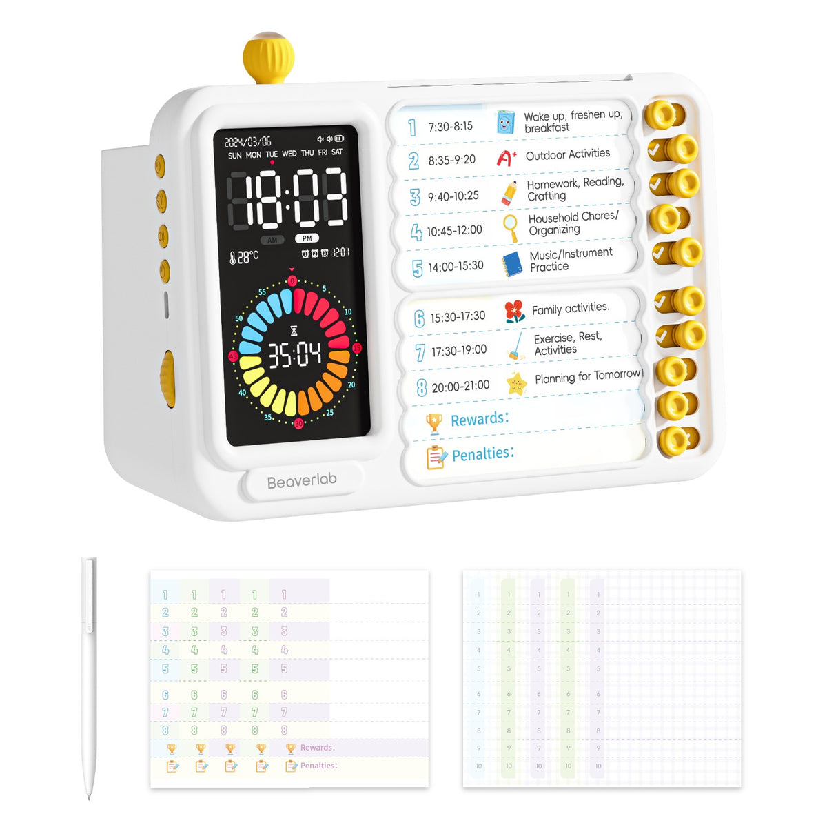 BeaverLAB TaskTimer II D2 rechargeable visual routine timer with color display and reusable task cards