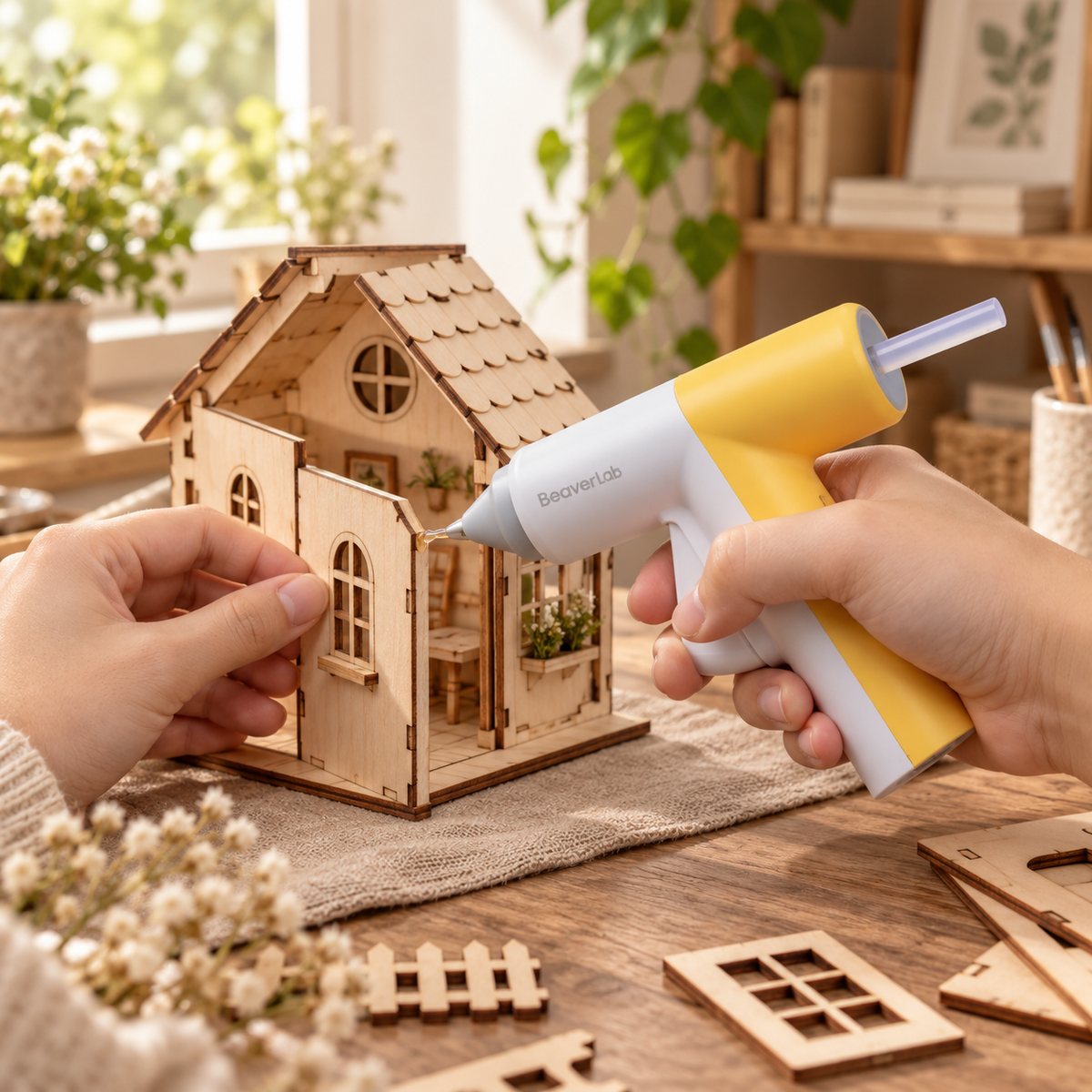 Adult using the CREATOR G1 hot glue gun for a wooden craft project
